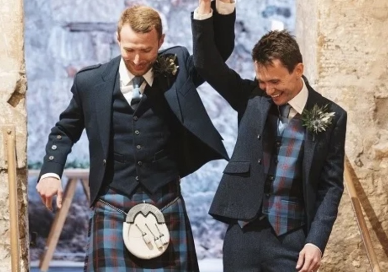 Groom and Groom celebrating their gay marriage at Kinkell Byre