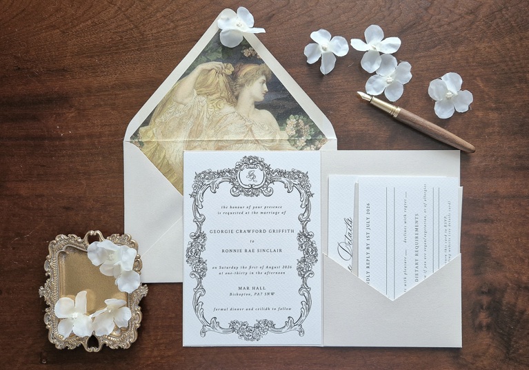 Fine art pockerfold wedding invitation in neutral tones