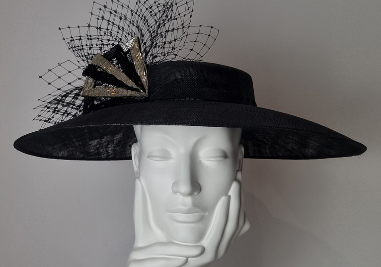 Black boater hat with veil and vintage hand-beaded trim by Hazel Goodwin Millinery