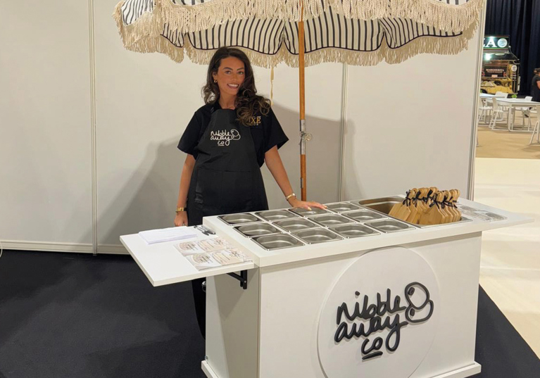 Nibble Away Co wedding catering cart at the Scottish Wedding Show in Glasgow, showcasing grazing table and charcuterie cup service