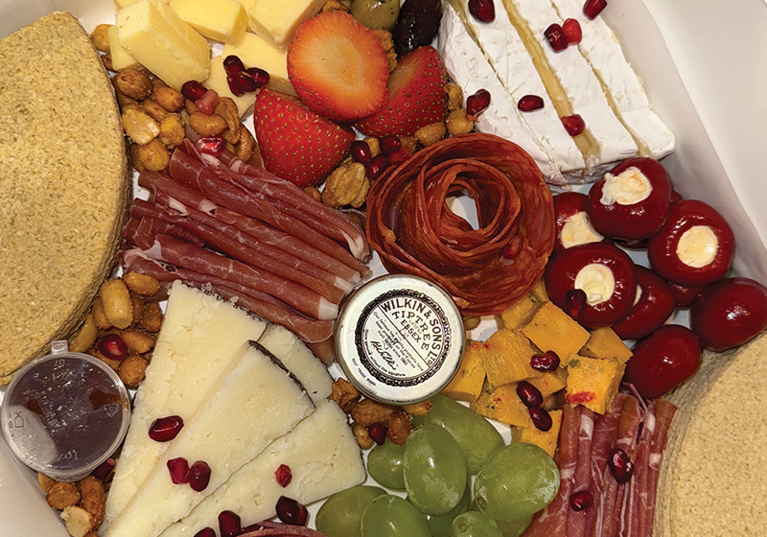 Nibble Away Co grazing box with artisan cheese, charcuterie meats, grapes, olives and oatcakes for weddings in Scotland