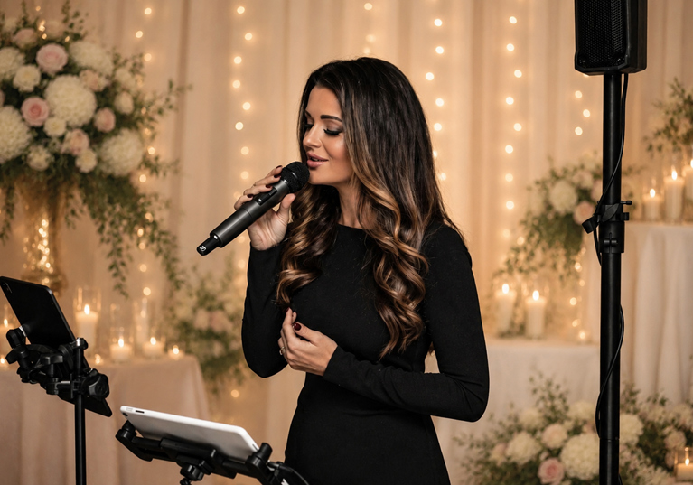 Vocals by Suzie at a wedding exhibition stand with branded signage, live music setup and handheld microphone