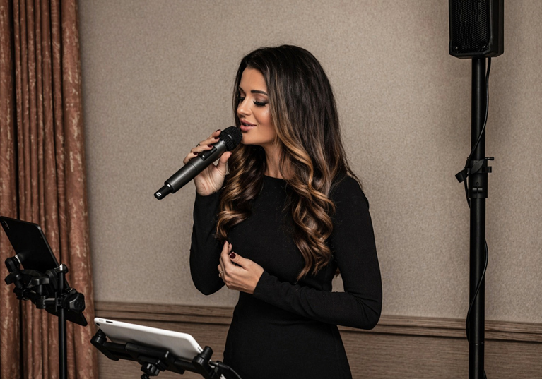 Close-up of Vocals by Suzie singing live with handheld microphone and professional event sound setup