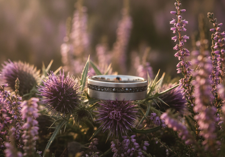 Forge & Lumber Nova wedding ring with a dark textured inlay photographed among purple Scottish thistles and heather.