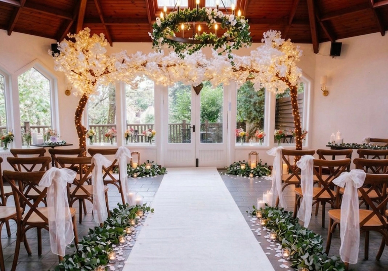 Orangery wedding ceremony setup at Dalgarven House with white aisle, blossom arch, candles and floral décor