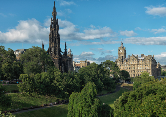 Exterior view of The Balmoral Hotel Edinburgh overlooking Princes Street Gardens and Scott Monument
