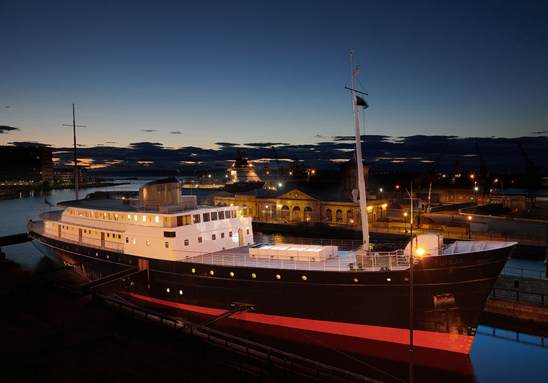 View of Fingal Hotel, a ship hotel wedding venue in Edinburgh, at sunset.