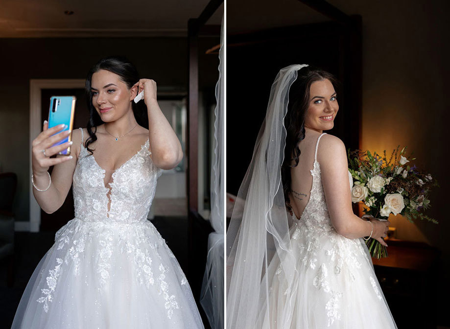 a bride looking into a smart phone on left. A smiling bride looking over her shoulder while holding a bouquet on right.