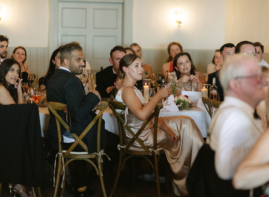 a group of people seated at tables at a wedding