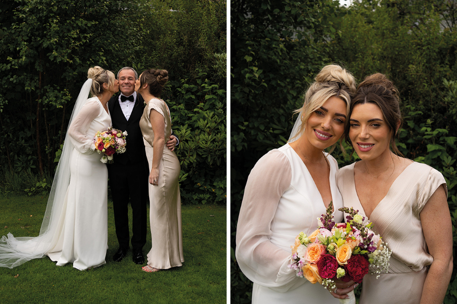 Bride and bridesmaid kiss father's cheek in one image, in other bride and bridesmaid smile