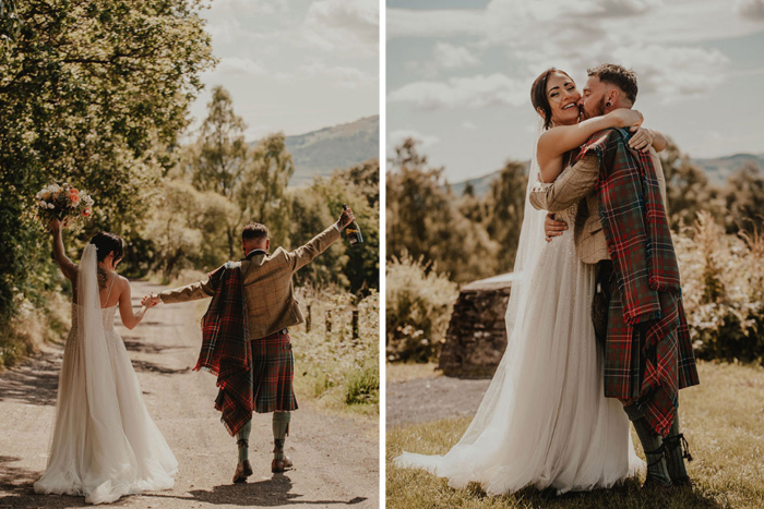 Couple portraits of bride and groom on path