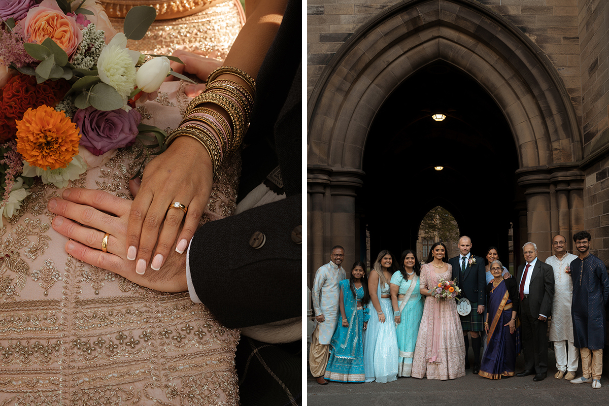 A Close Up Of Hands And A Wedding Bouquet And A Group Wedding Portrait