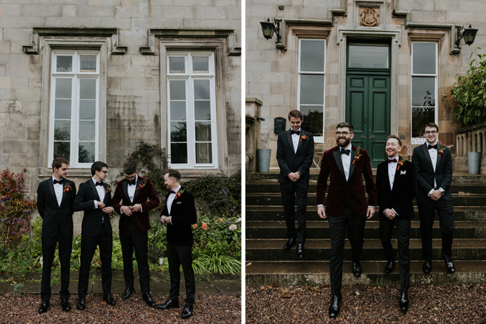 Groom And Groomsmen In Black Suits Outside Netherbyres House
