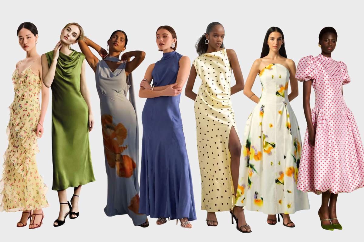 seven differing styles of occasion dresses from florals to polka dots, worn by models and cut out to be displayed on a plain white background