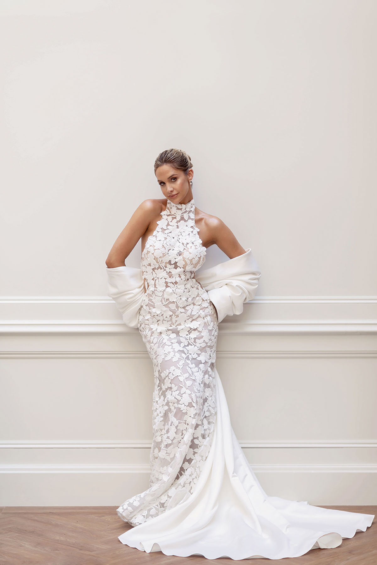 Modern bridal fashion photoshoot at The Collector’s Hall Glasgow with model Emily Shak in couture gown