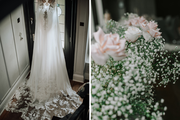 Detail shots showing bride's dress and pink and white bouquet 