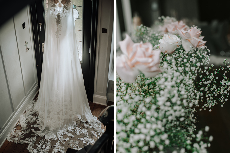 Detail shots showing bride's dress and pink and white bouquet