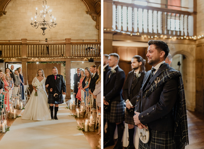 left image shows a bride walking down a white-carpeted aisle on the arm of a man in a kilt as wedding guests look on; right image shows a groom looking emotional and nervous with other men in kilts behind him standing below a wooden balcony with fairylights in the background
