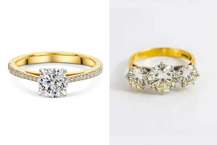 two gold diamond rings on blank background