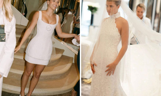 side by side photos of Sofia Richie in Chanel outfits on the occasion of her wedding