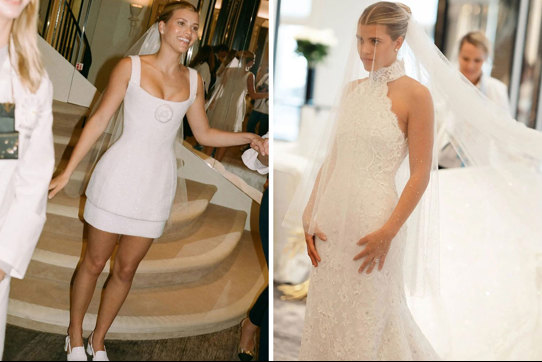 side by side photos of Sofia Richie in Chanel outfits on the occasion of her wedding