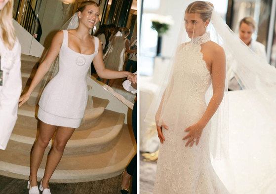 side by side photos of Sofia Richie in Chanel outfits on the occasion of her wedding