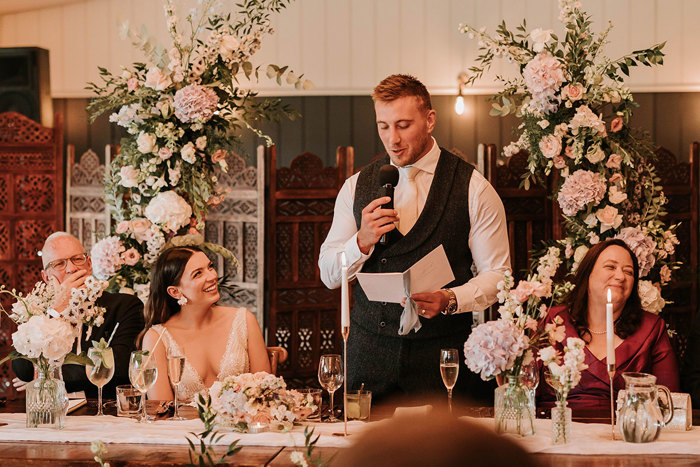 Matt Fagerson making grooms speech at a wedding reception at Dunglass Estate