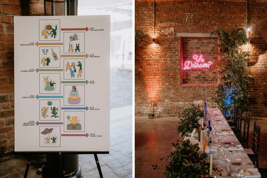 Keith Haring Wedding Time Graphic On Easel On Left And Ye Dancing Neon Sign On Brick Wall With Long Table Set For A Wedding Dinner