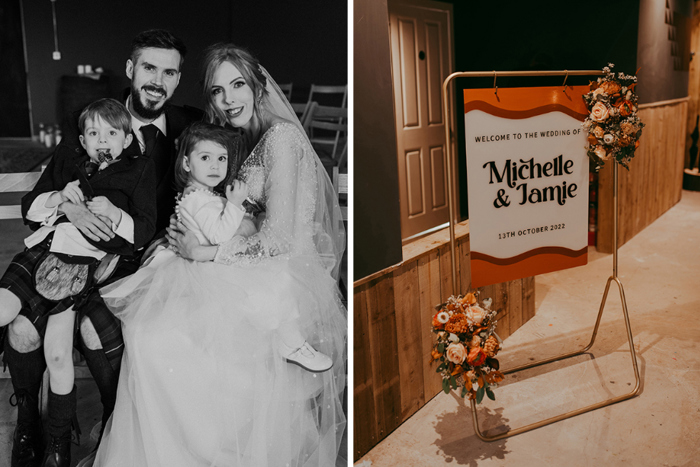 Black and white picture of the bride and groom and their children, and one showing their autumnal wedding sign
