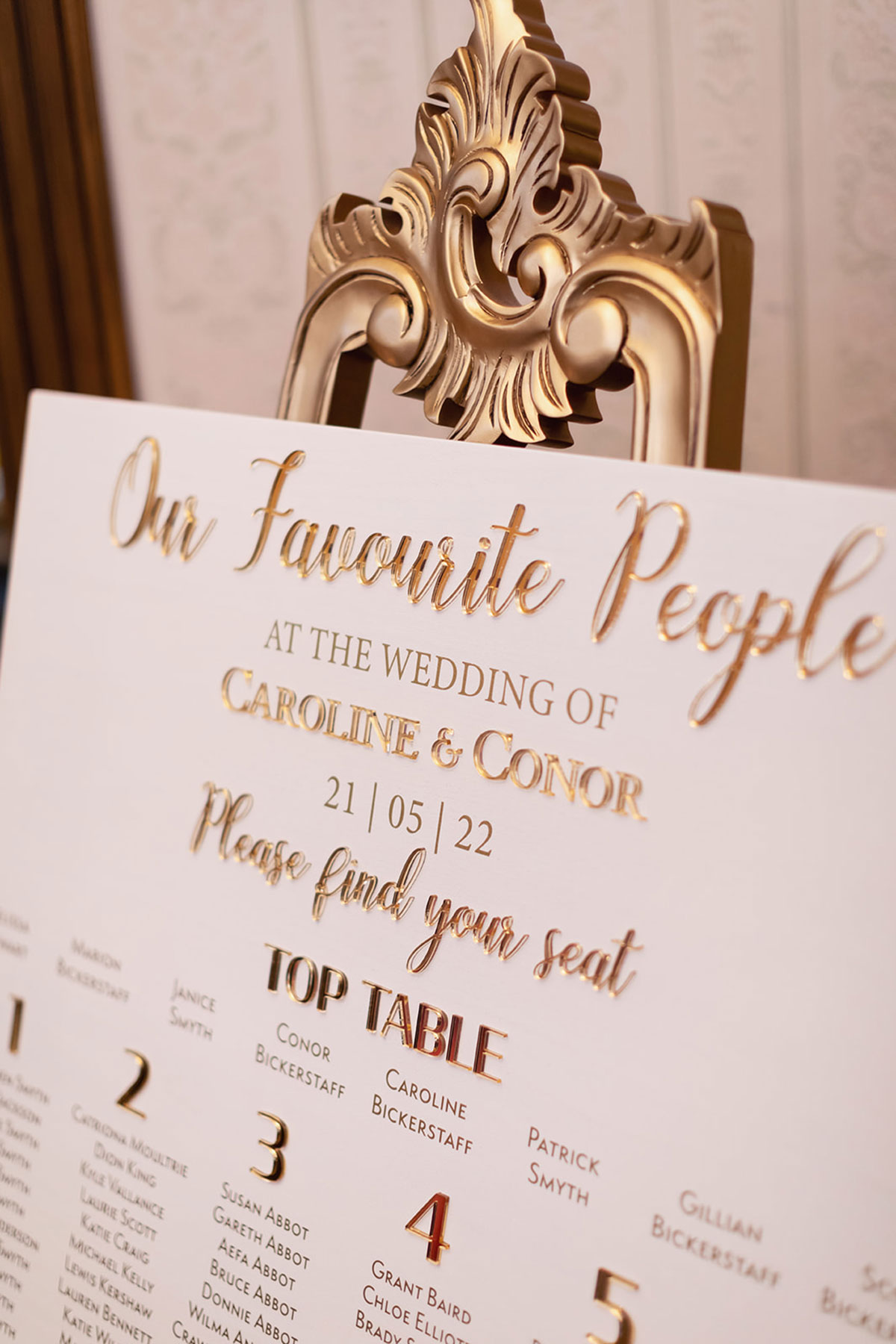 up close image of a golden seating chart labeled 'our favourite people'