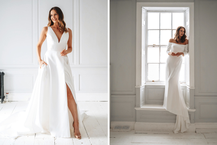 Two simple and elegant white wedding dresses on same model