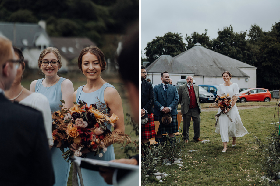 Shot of bridesmaids and one of bride walking herself down the aisle