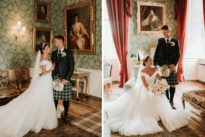 On the left a bride and groom stand close together in a room with green wallpaper and paintings on the wall, on the right the bride sits in an armchair as the groom stands behind her
