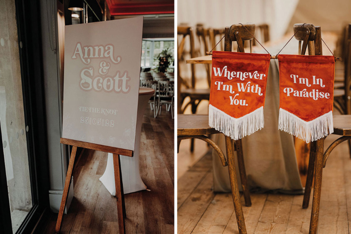 Pink and red wedding signs