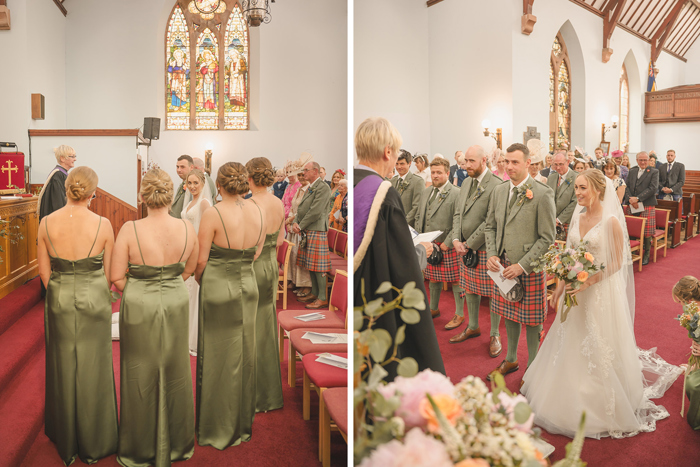 Bridesmaids in green dresses and groomsmen in red kilts during a wedding ceremony in a church