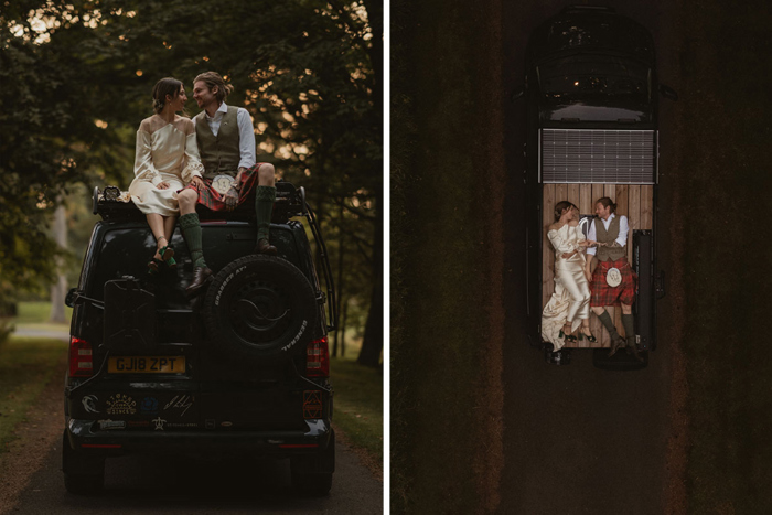 A Bride And Groom Sitting On Their Campervan And An Aerial Drone Picture Of Them Lying On Campervan