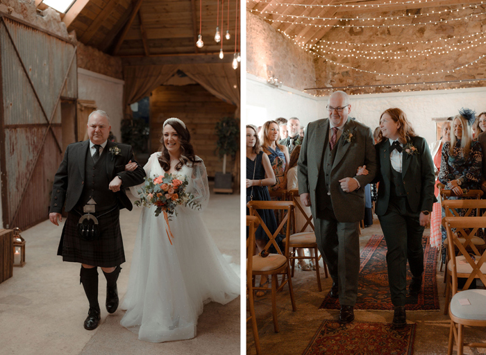 a bride wearing a wedding dress walking in a barn setting with a man in a kilt on left. A bride wearing a suit walking down an aisle on arm of a man wearing a suit on right