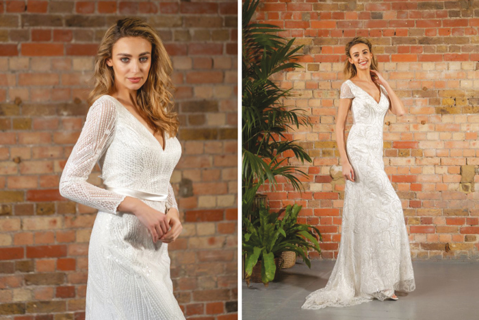 Two wedding dresses shown side by side on the same model, one with long sleeves and the other with cap sleeves