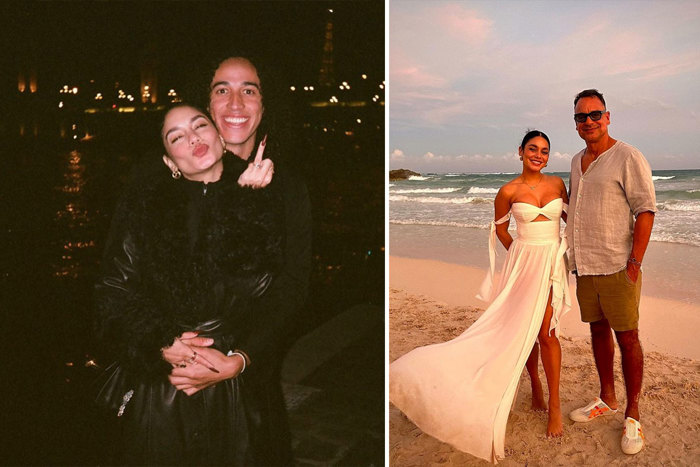 Engagement pic of Vanessa Hudgens and Cole Tucker, then Vanessa on beach in wedding dress