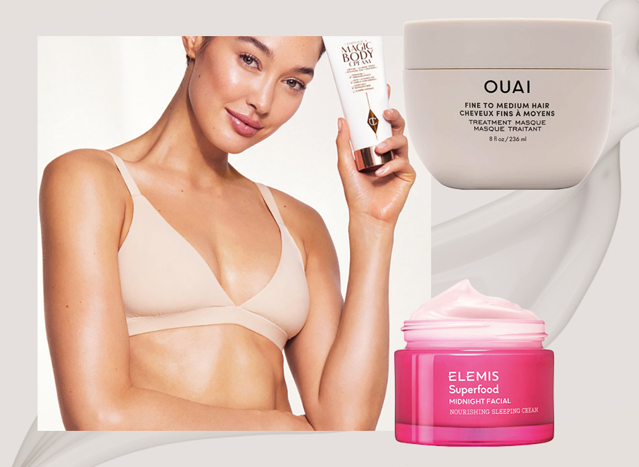 a woman holding a moisturiser and two cut-out images of a hair mask and a pink sleep cream tub