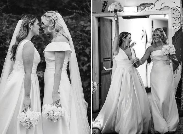 Two brides standing nose to nose and smiling on left. Two brides holding hands and walking through a doorway looking elated on right. Both brides hold matching bouquets of white roses and one is holding hers in the air