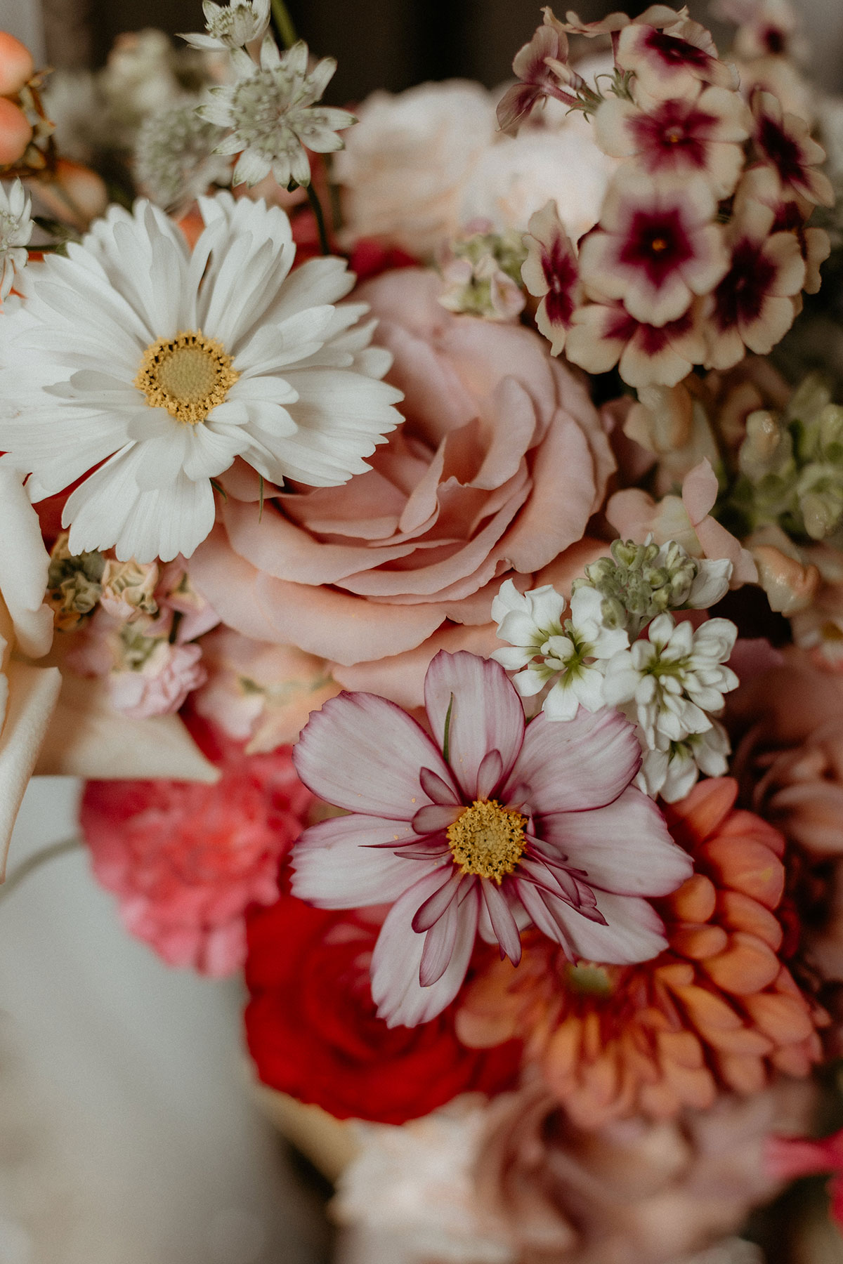 a close up of colourful wedding bouquet by Gloam