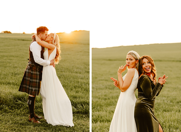 a bride and groom kiss at sunset bathed in golden light in a field on left. A bride and person wearing a green velvet dress pose playfully making gun gestures with their hands in a green grass field
