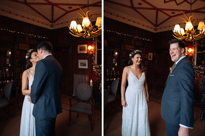Couple kiss and laugh during their Highland elopement