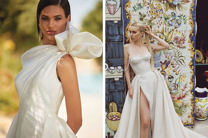 Two women modelling wedding dresses