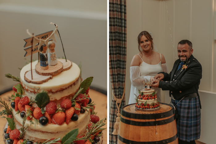 Image of wedding cake covered in berries and image showing couple cutting the cake