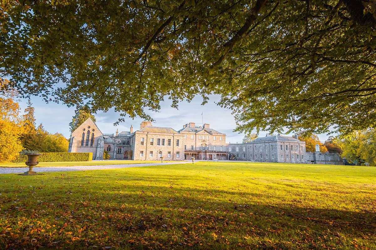 Grand stone mansion surrounded by expansive lawns and autumnal trees, viewed from under overhanging branches