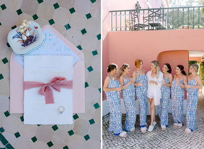 a pastel coloured wedding invite and jewellery on ivory and green tiles on left. A person wearing ivory short pyjamas with 6 people wearing blue and white pyjamas on right. They are standing next to a peach coloured wall with terrace above them