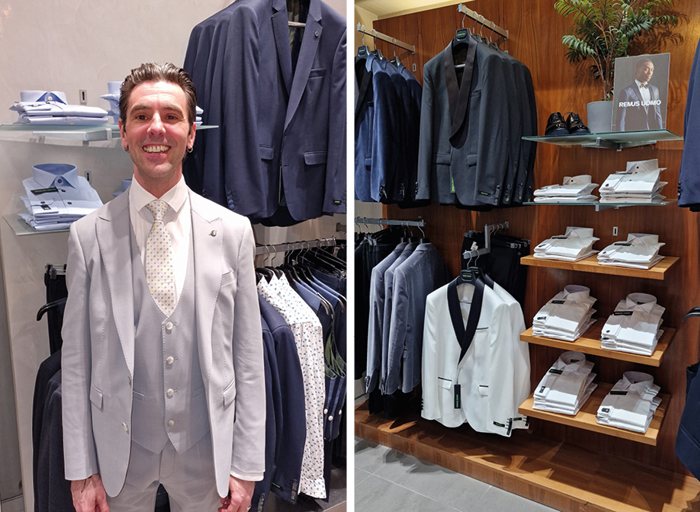 LEFT man standing smiling in grey suit in middle of the floor in a menswear shop RIGHT a selection of different coloured suit jackets, shirts and shoes for men