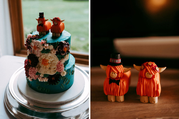 Blue wedding cake and highland cow cake toppers